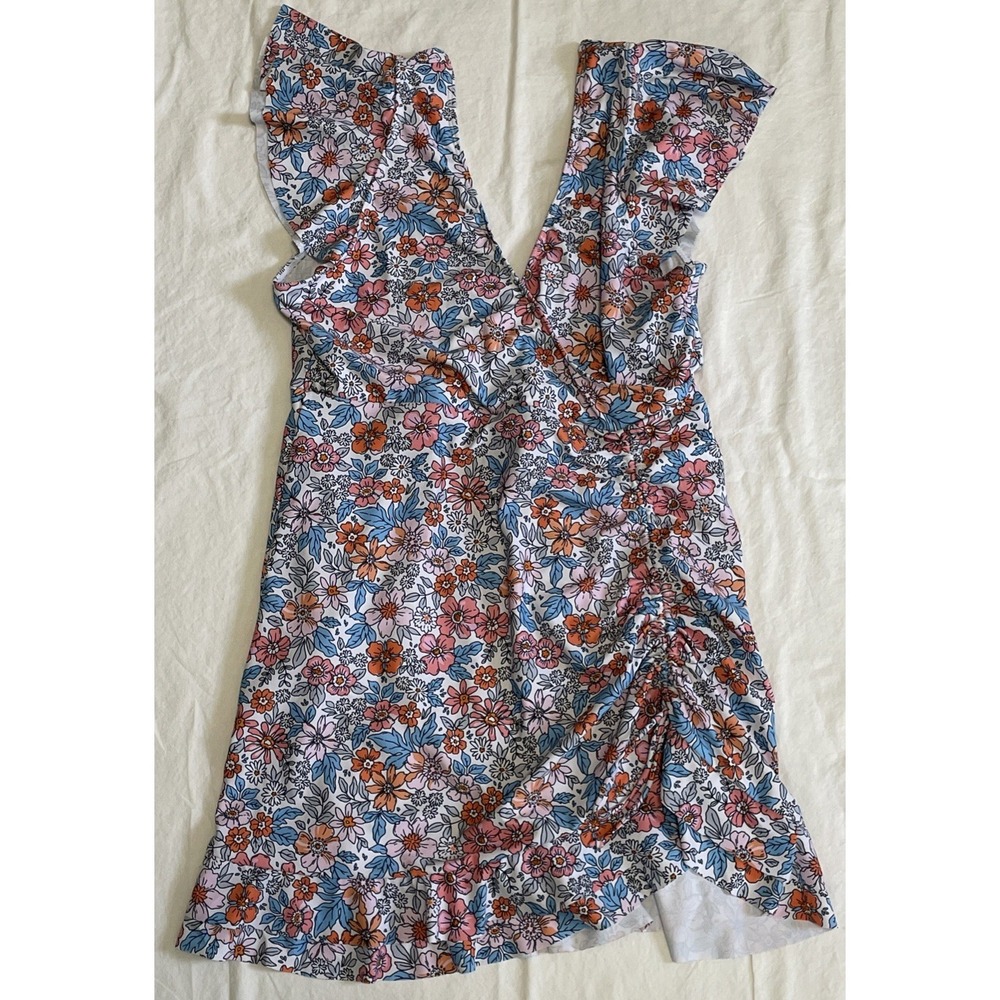 Women's Floral Swim Dress Swimsuit XL Flutter Sleeve Ruffle Bottom Worn Once
